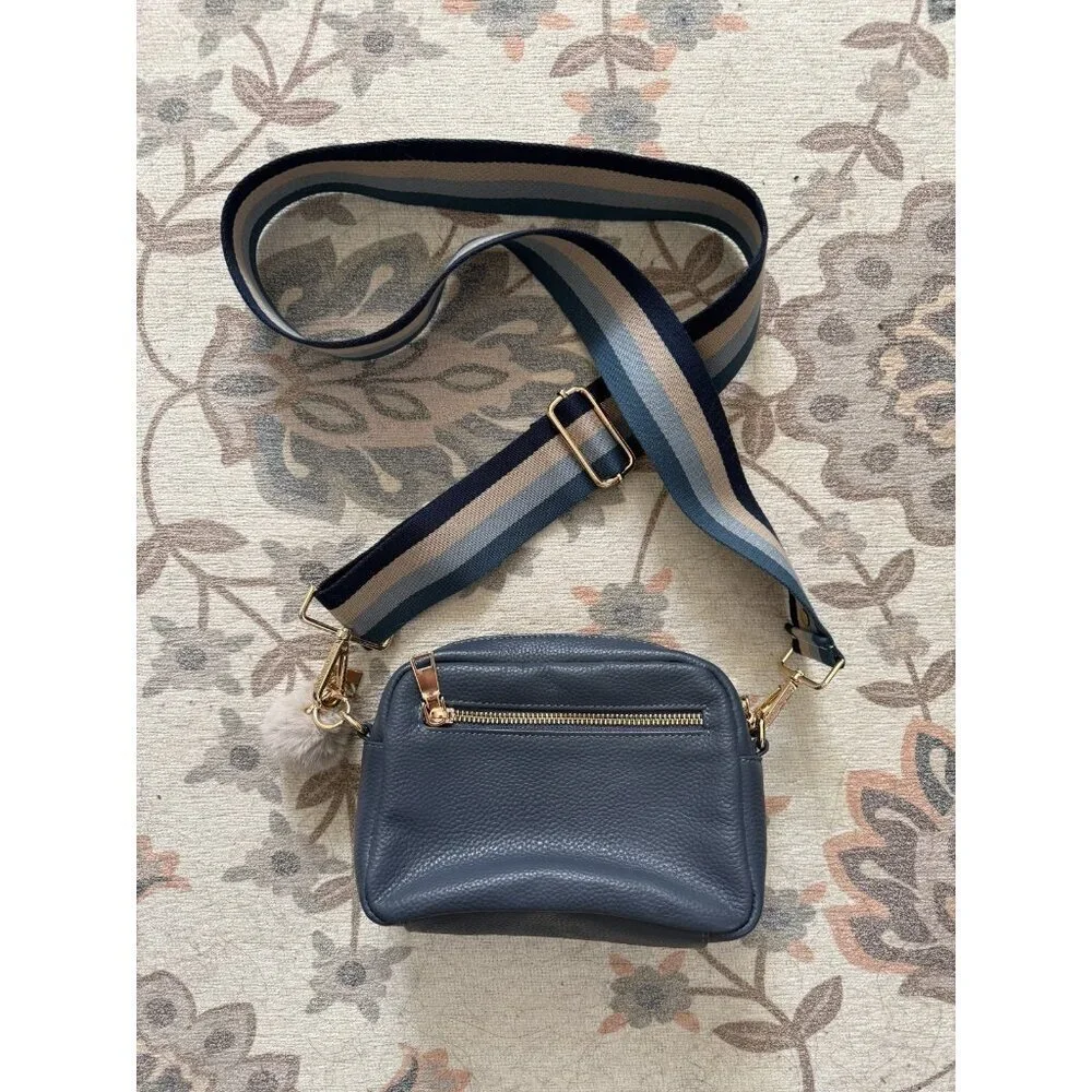 Pom Pom London Original Leather Crossbody Bag In Slate Blue With 2 Straps Small